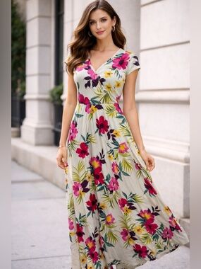 Chaps Cream Maxi Dress with Pink and Yellow Floral Print